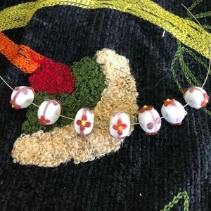 Lampwork Beads pink/white floral/Textured Set of 7, .50" wide
